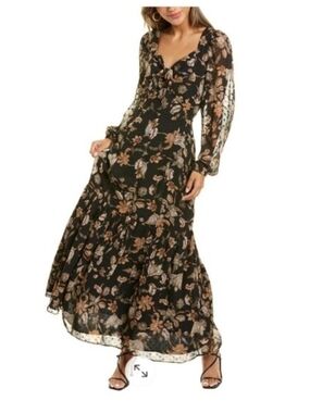 Walter Baker Black Floral Tie-Front Long Sleeve Maxi Dress